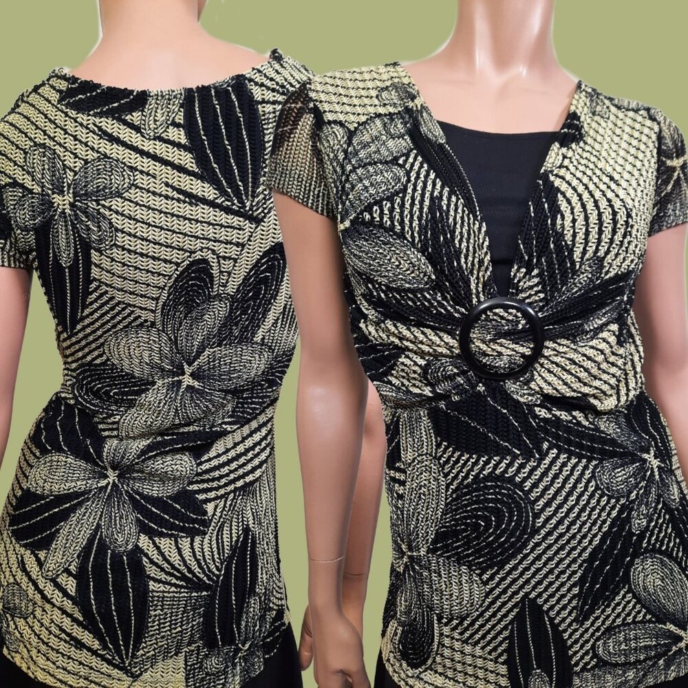 Y2K Top Round Buckle Size M Funky Floral Print Fairy Grunge Mod 60s Green Black
